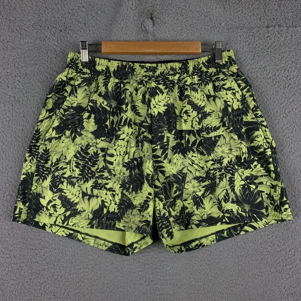 Lululemon Cross Channel Shorts Mens Large Lime Green Black Floral Botanical Swim